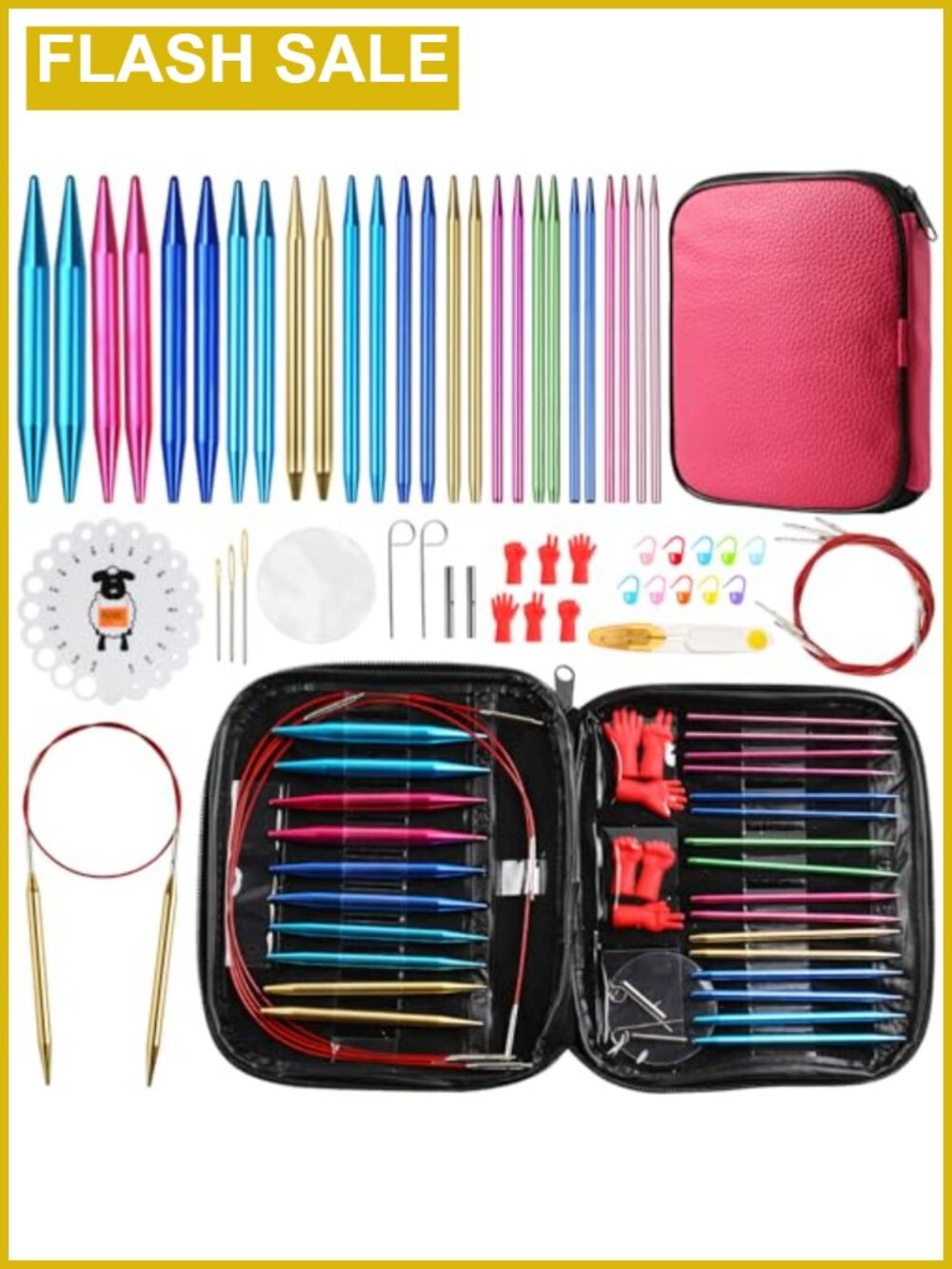 57 Pc Knitting & Crochet Kit Aluminum Circular Needles Set with Case